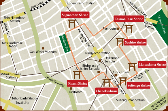 Tour of Nihonbashi Shrines to Worship the Seven Deities of Good Fortune Map